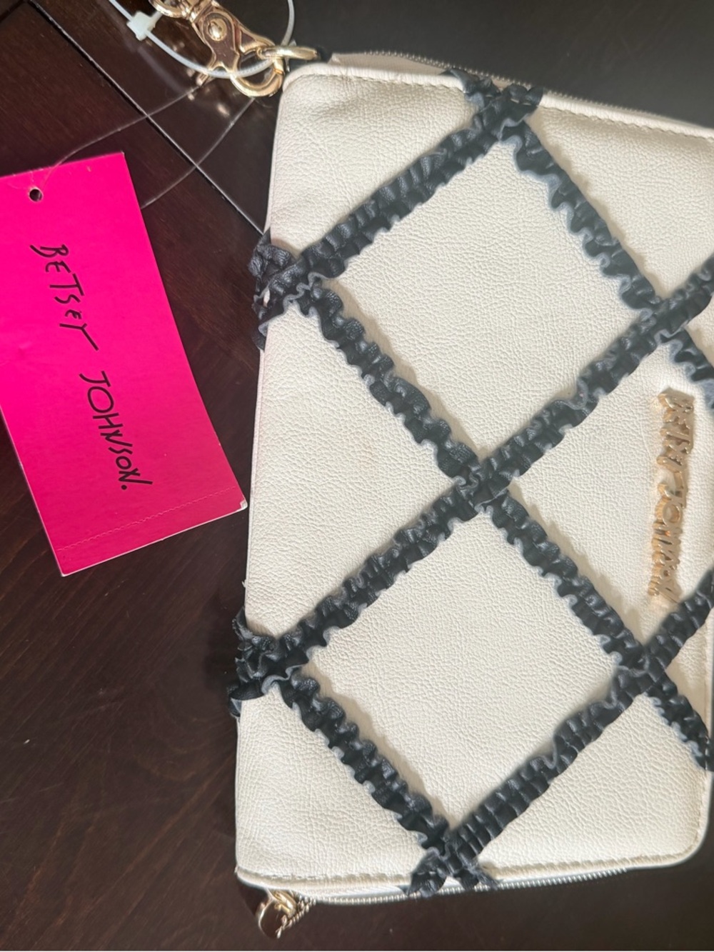 Betsey Johnson White Wristlet with Black Ruffle Crosshatch